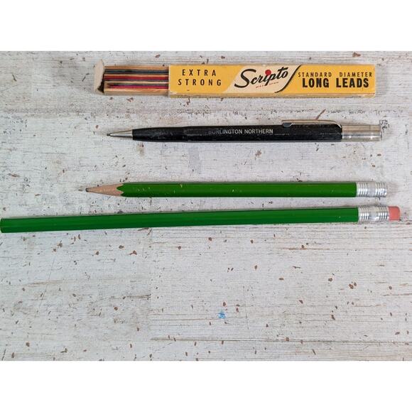 Lot VTG Burlington Northern Railroad Pencils Green Wood Black Scripto Mechanical - Picture 3 of 8